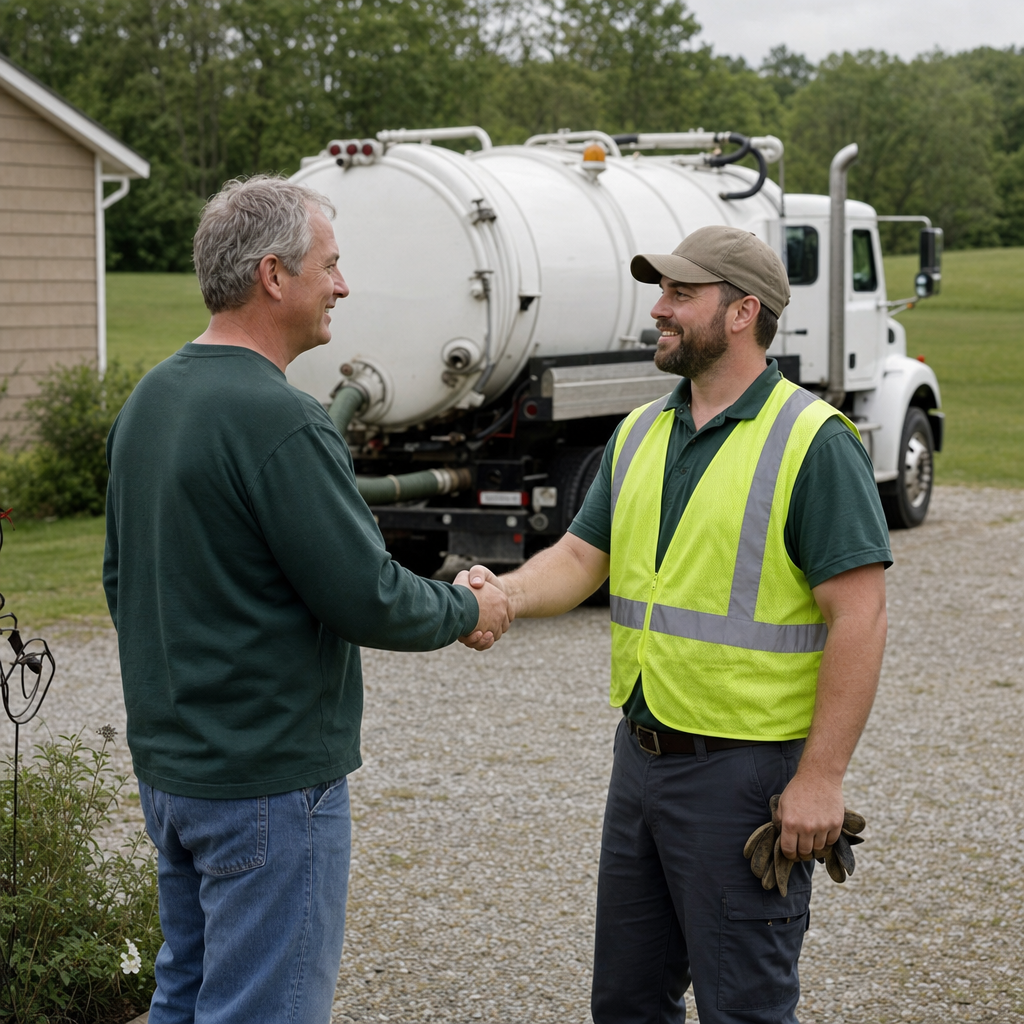 A septic technician shaking a Upper Darby homeowner's hand beside the service truck after a completed pump-out