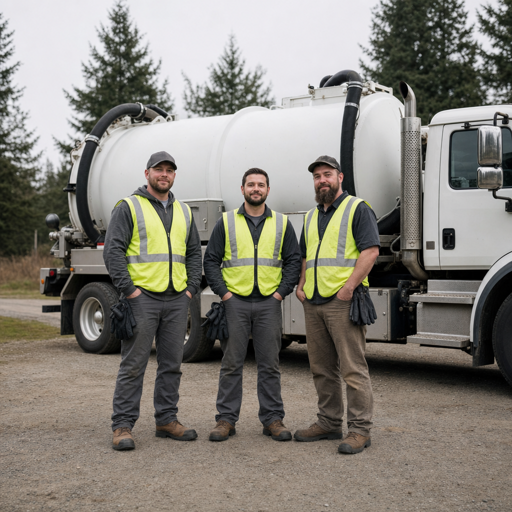 The Upper Darby septic pumping crew standing together beside their clean white vacuum truck on a residential street