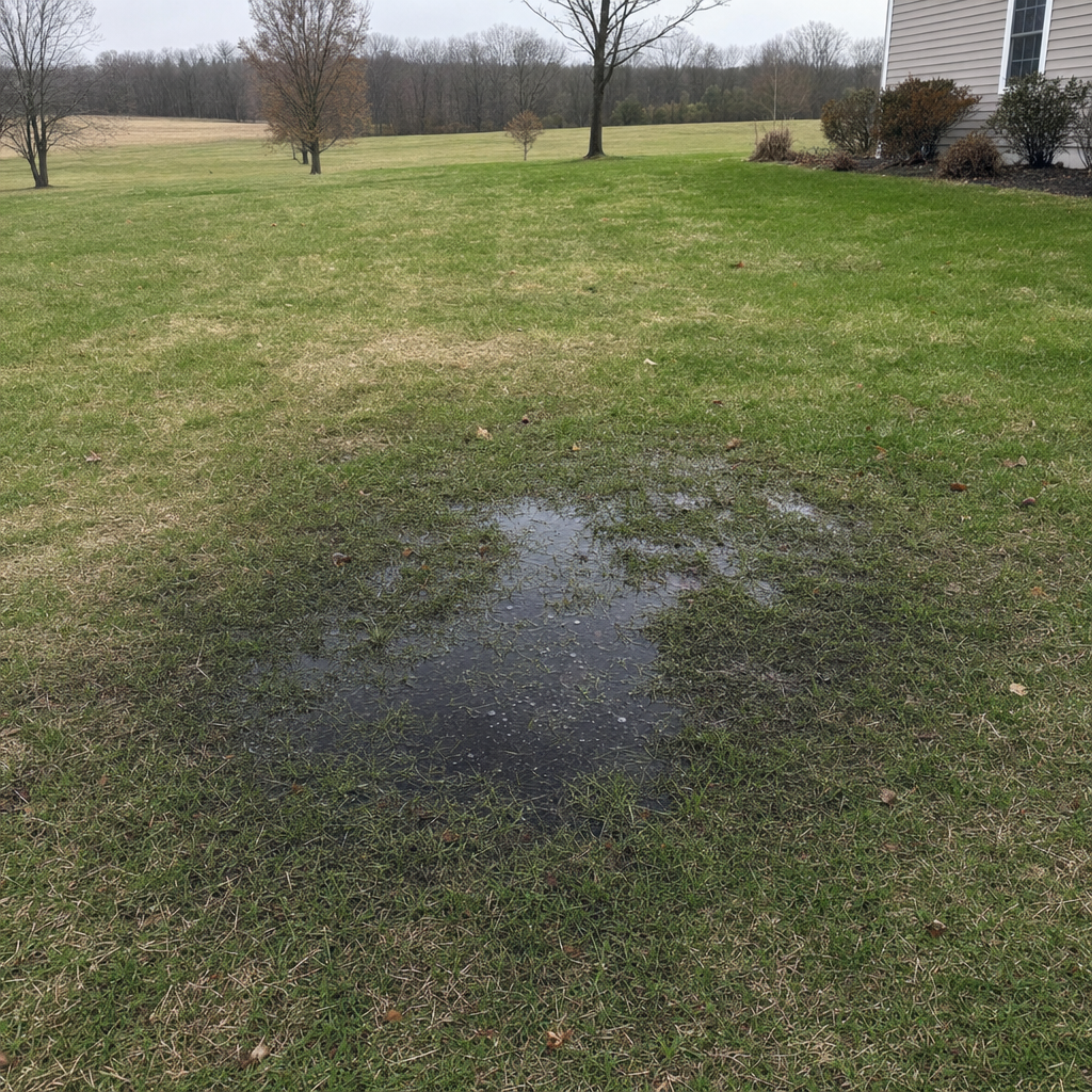 A dark, saturated wet spot in a Upper Darby backyard lawn marking a failing cesspool at capacity