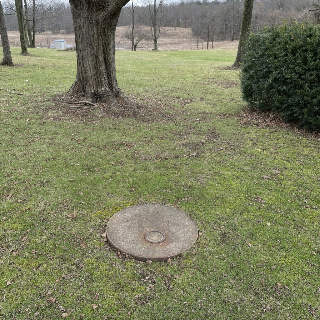 An older round cesspool access lid set flush in an established, mature Upper Darby backyard lawn