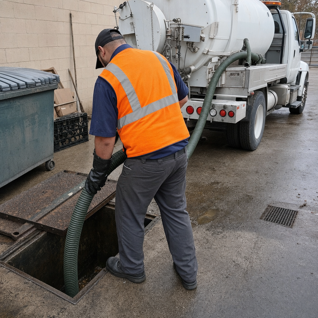Technician pumping a grease trap behind a Upper Darby restaurant