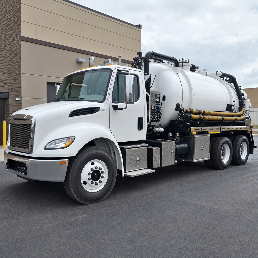 Commercial septic vacuum truck parked in a Upper Darby business parking lot