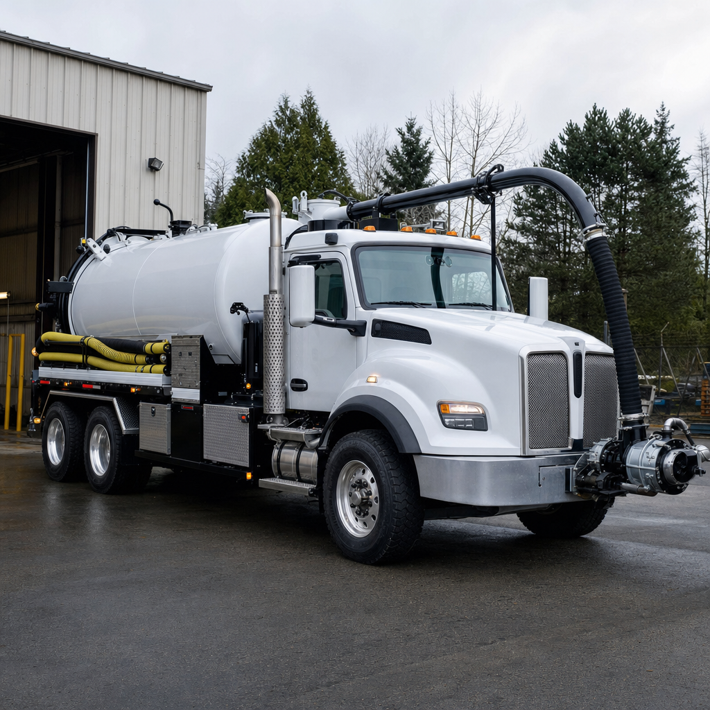 A clean white septic vacuum truck rolling out of a tidy Upper Darby service depot at the start of the day