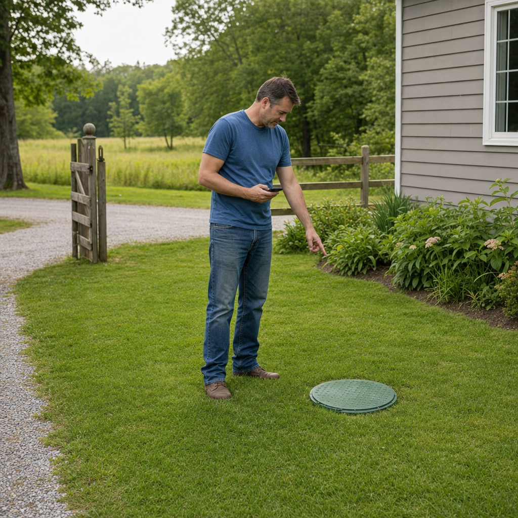 A Upper Darby-area homeowner standing in the backyard noting where the septic tank lid and access route are located