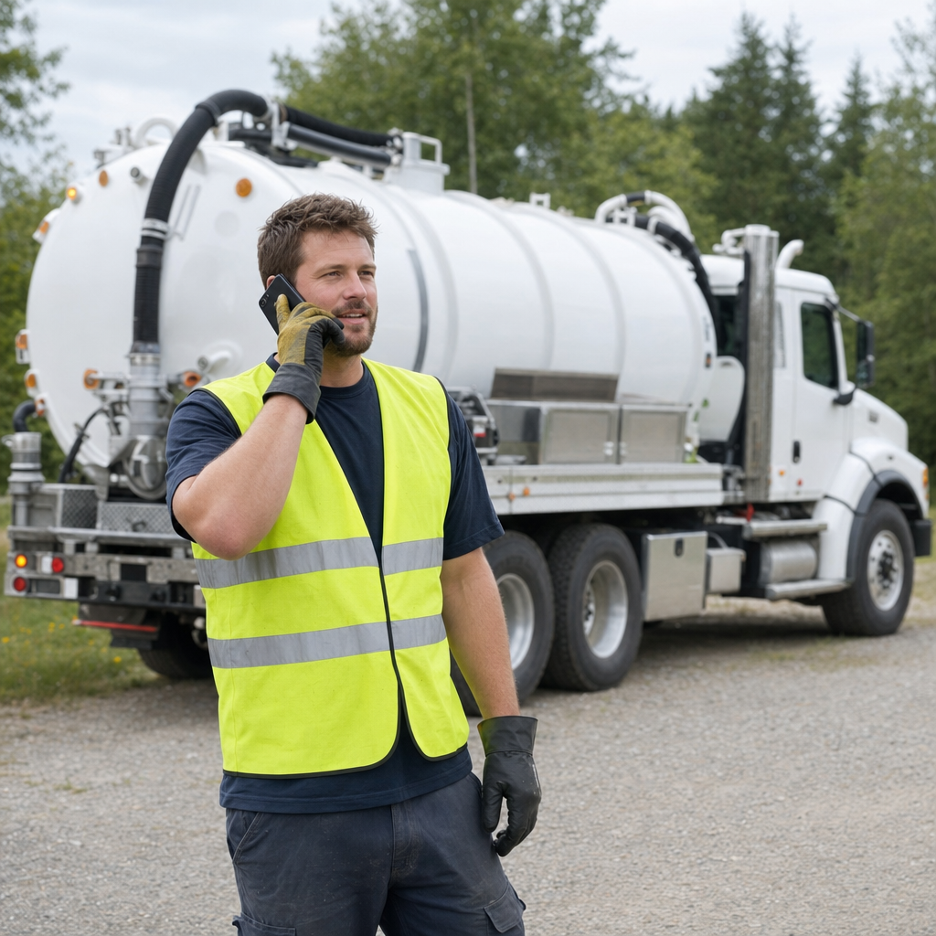 A friendly septic dispatcher holding a phone, ready to answer a Upper Darby homeowner's call about a pump-out