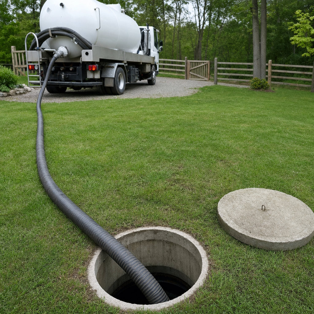 Suction hose connected to an open septic tank, drawing it down in a tidy Upper Darby yard