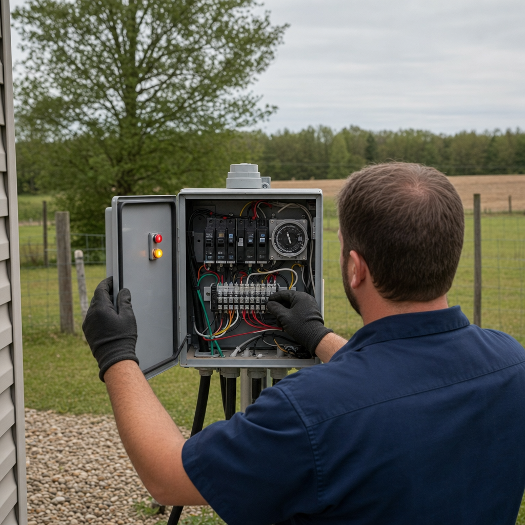 Technician checking an aerobic septic control box with a lit red high-water alarm during a same-day Upper Darby visit