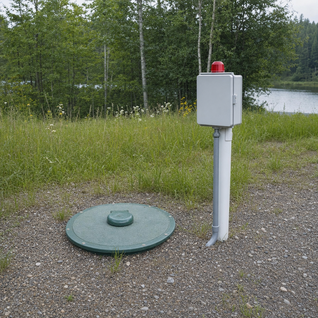 A wastewater holding tank access lid set in the ground at a rural Upper Darby-area cabin, with a mounted high-level float alarm panel nearby