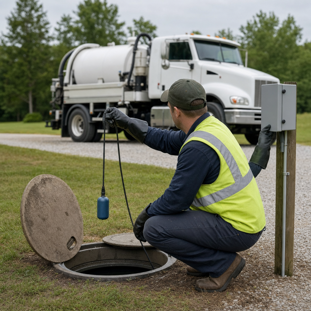 A septic technician in a high-visibility vest checking a high-level float switch and alarm panel on a holding tank at a rural Upper Darby-area site
