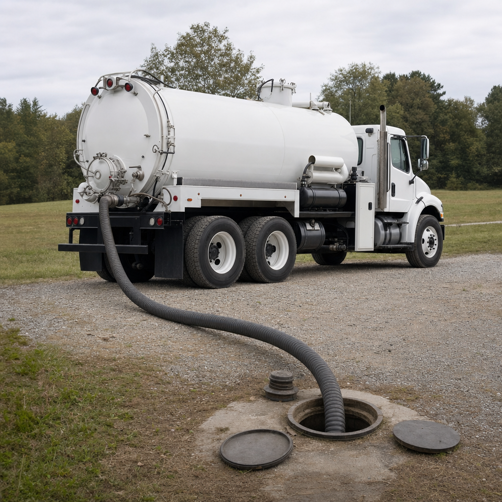 An unmarked white vacuum truck emptying a wastewater holding tank on a scheduled visit at a rural Upper Darby-area property, thick suction hose running to the tank lid
