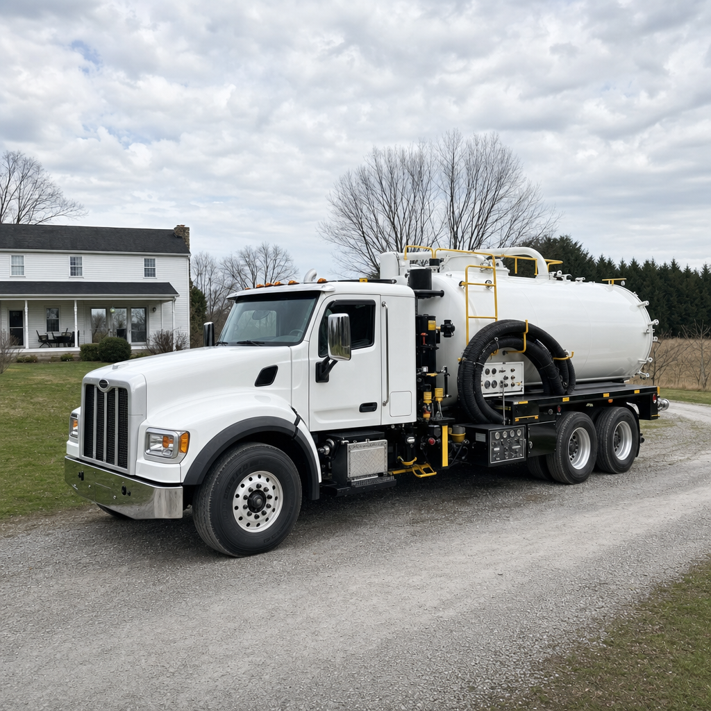 A clean white septic vacuum truck parked on a tidy Upper Darby driveway with the suction hose neatly coiled