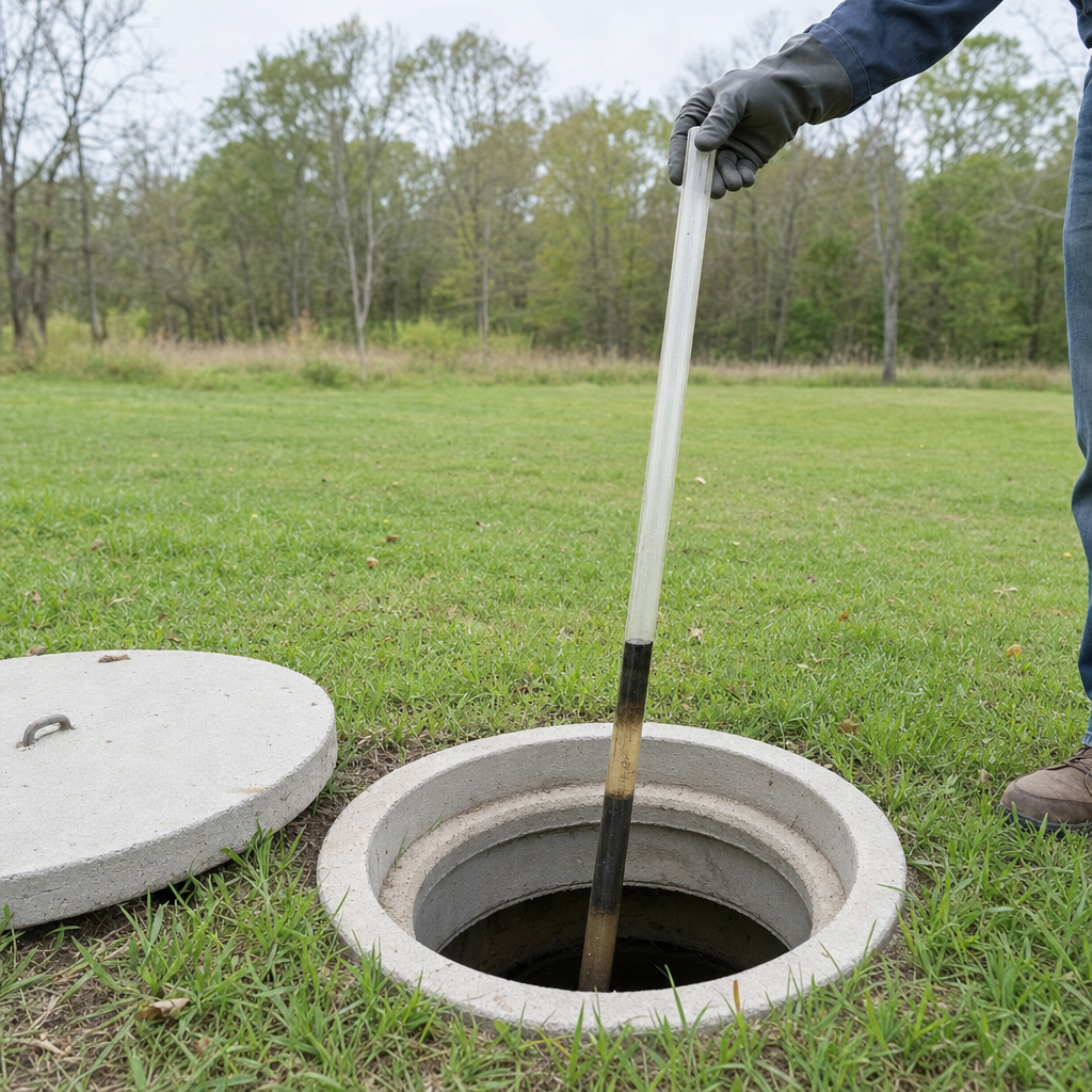 A septic sludge-judge measuring stick lowered into an open Upper Darby septic tank to read the depth of the sludge and scum layers before deciding whether a pump-out is due