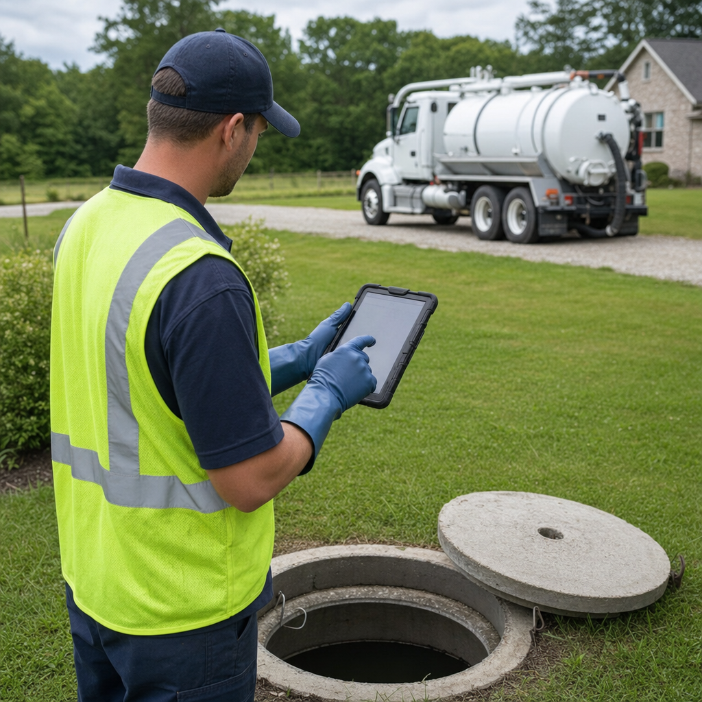 A septic technician recording a Upper Darby home's pump-out date and tank condition on a tablet beside an open access lid, tracking the service history that sets the next due date