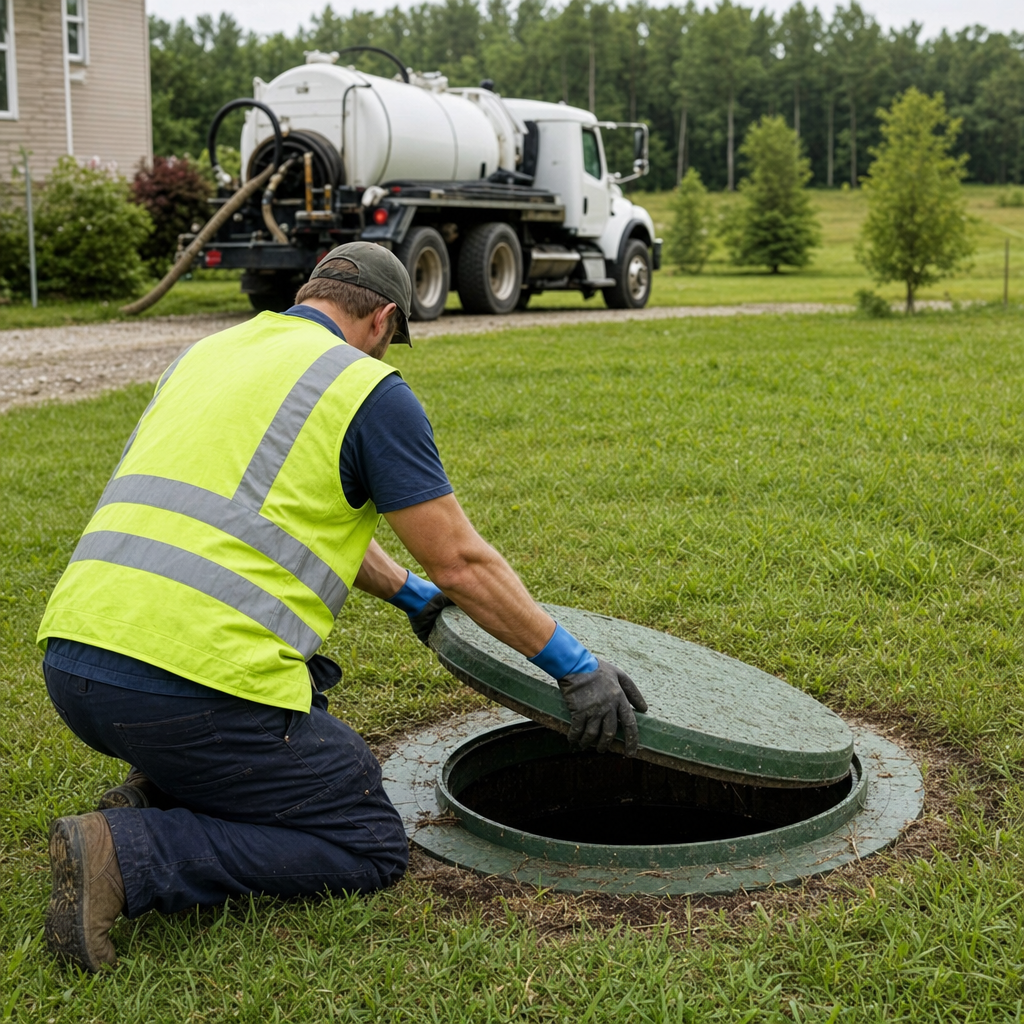 Septic technician kneeling on a Upper Darby lawn, lifting the access lid on a residential septic tank