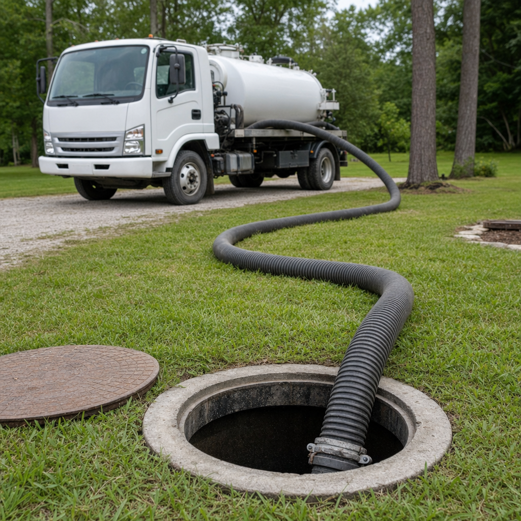 Thick ribbed suction hose lowered into a clean open septic tank port on a tidy Upper Darby backyard lawn