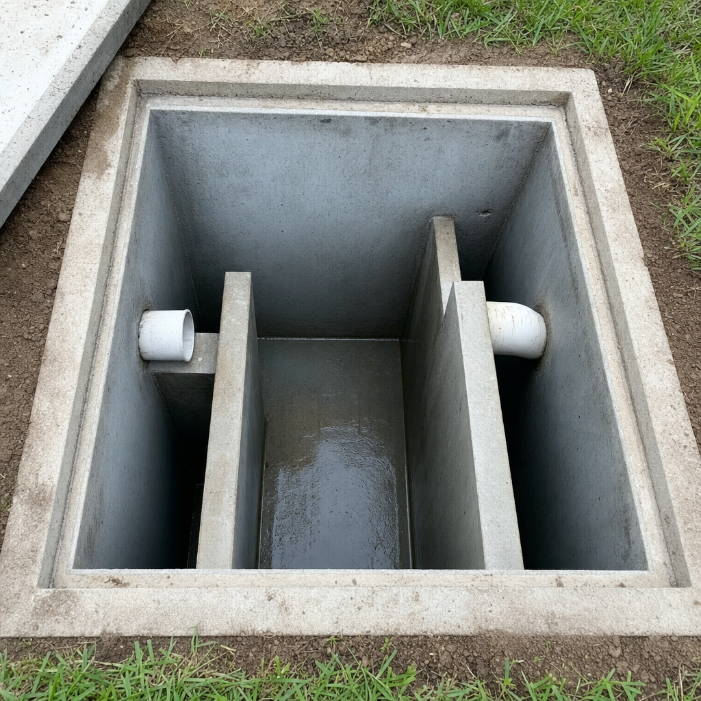 Inspection of the concrete baffles inside an open, emptied and freshly cleaned Upper Darby septic tank