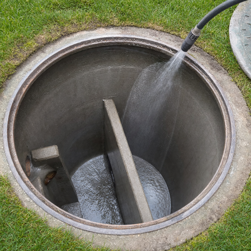 Interior concrete walls of an emptied Upper Darby septic tank being rinsed clean with the truck's onboard water hose