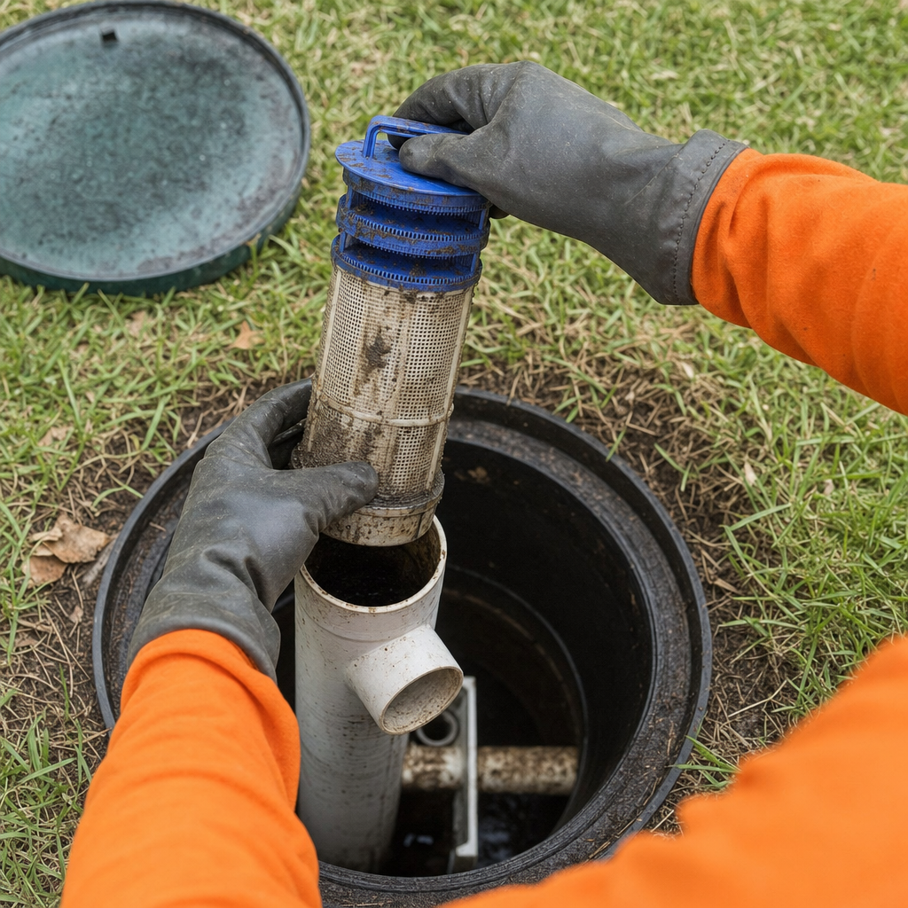 Septic technician's gloved hands lifting the effluent filter cartridge out of the outlet housing on a Upper Darby septic tank