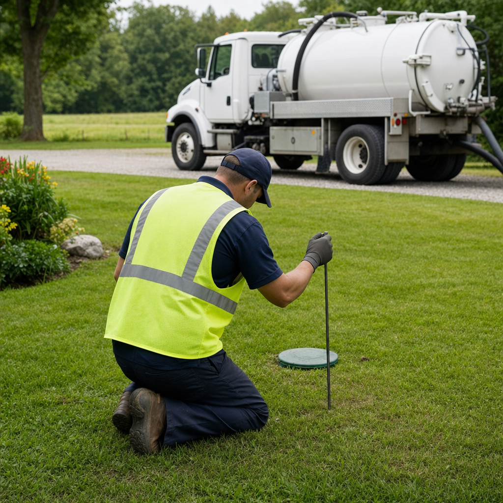 Septic technician kneeling on a Upper Darby lawn, probing to locate and measure the depth of a buried septic tank lid before pumping
