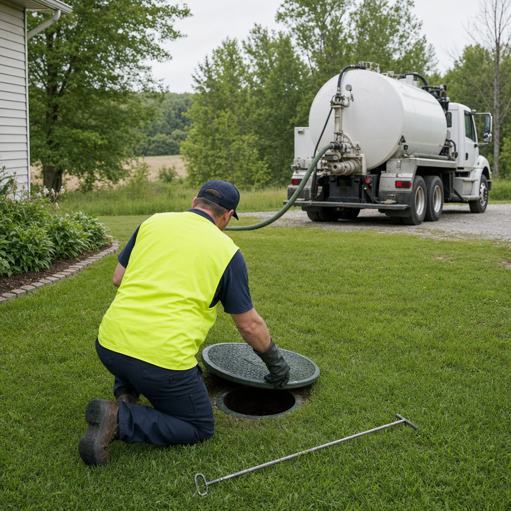 Septic technician kneeling on a Upper Darby lawn, lifting the buried access lid on a residential septic tank