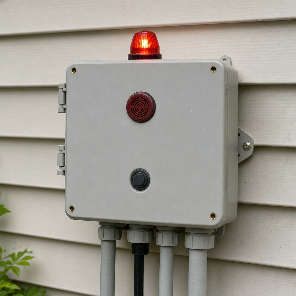 An aerobic septic system control panel mounted outside a Upper Darby home with its red high-water alarm light lit