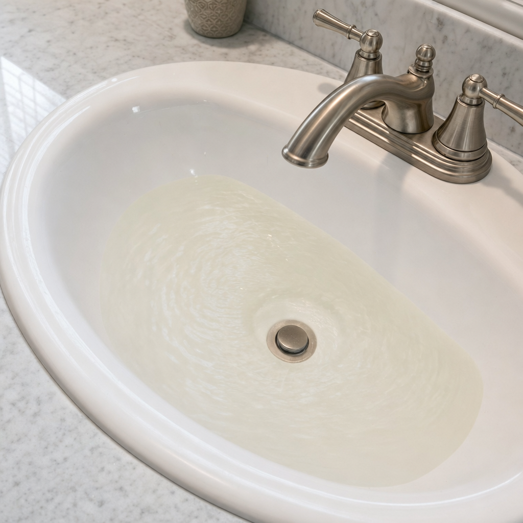 A bathroom sink draining slowly with water pooled in the basin, an early warning sign that a Upper Darby septic tank is full